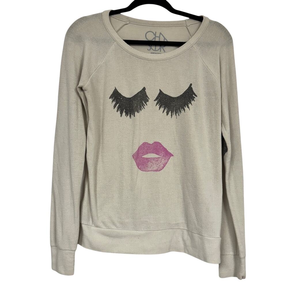 Chaser Grey Lips Lashes Print Sweatshirt Womens S Casual Cozy Heart Elbow Girly